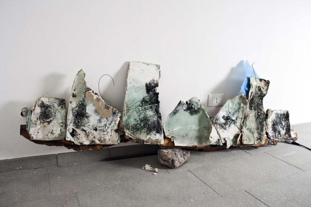 Senza titolo 2012
cartongesso, filo di ferro, plastica, muffe
200 x 35 x 5 cm.